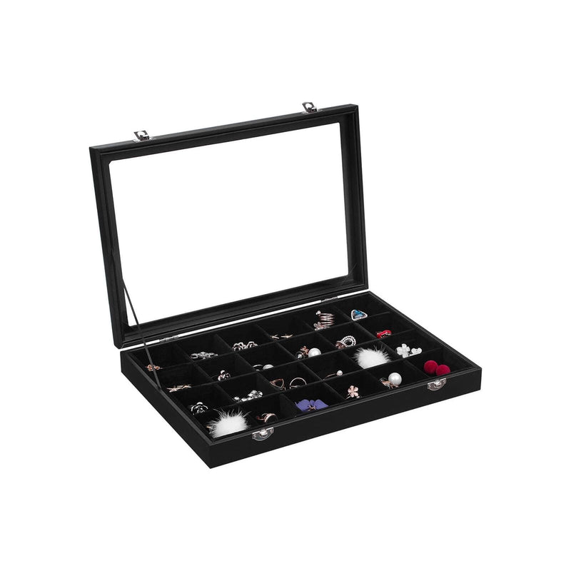 Black Leather Jewelry Box With Glass Top 24 Grid Songmics