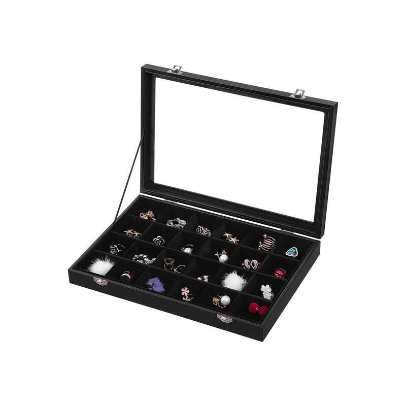 Black Leather Jewelry Box With Glass Top 24 Grid Songmics