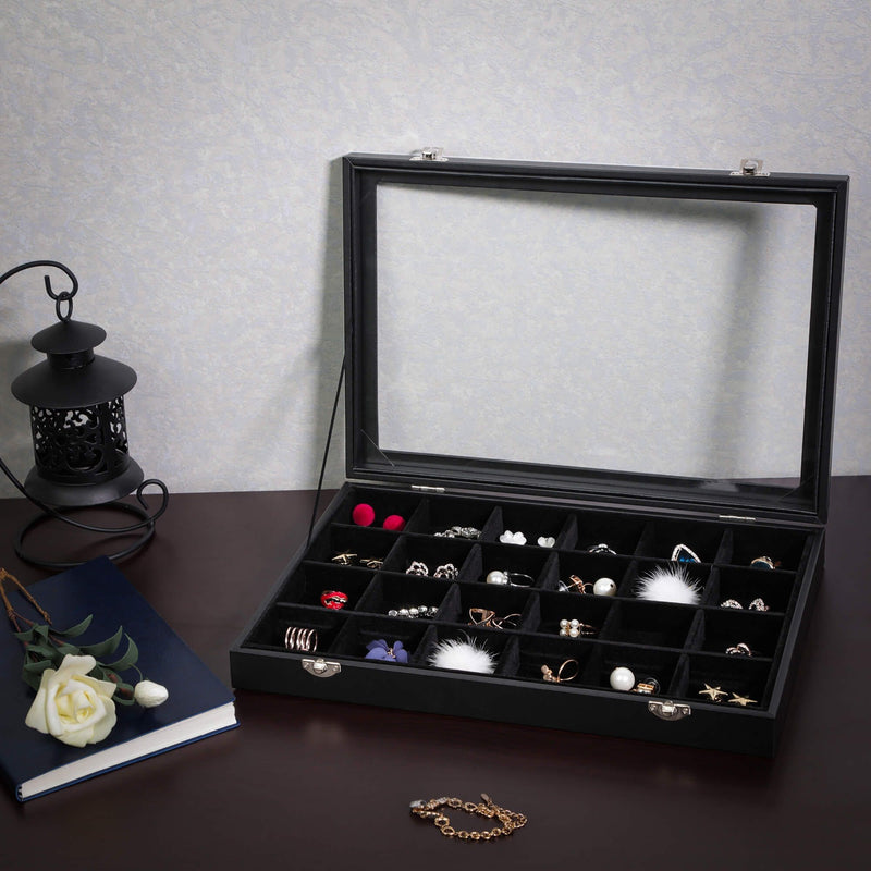 Black Leather Jewelry Box With Glass Top 24 Grid Songmics