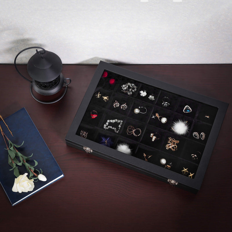 Black Leather Jewelry Box With Glass Top 24 Grid Songmics