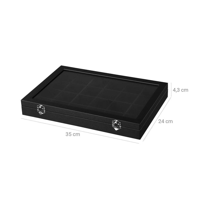 Black Leather Jewelry Box With Glass Top 24 Grid