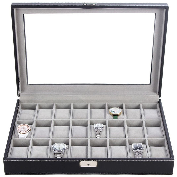 Black Leather Watch Box (Holds 24 Watches)