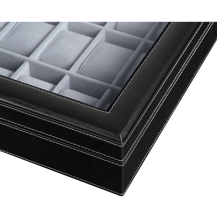 Black Leather Watch Box (Holds 24 Watches)