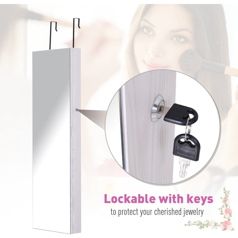 Mirrored Jewelry Cabinet, Door/Wall Mount, LED Lights, Lockable