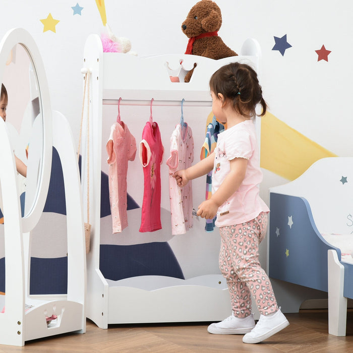 Kids White Wooden Clothes Rack with Storage for Ages 3-8