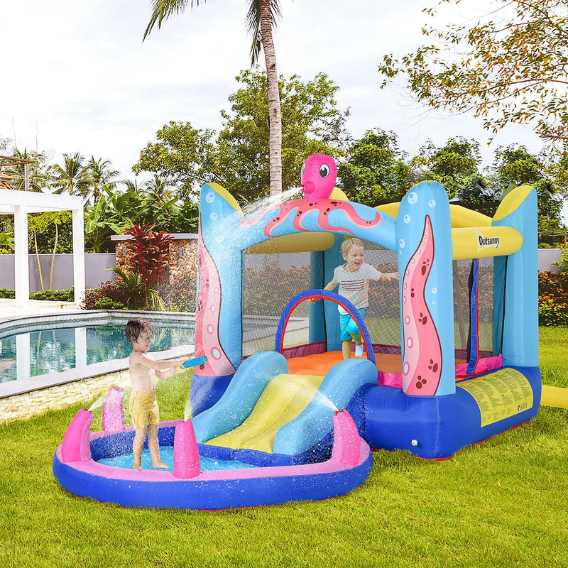 Inflatable Bouncy Castle with Slide and Pool for Fast Outdoor Play Blue Pink Outsunny