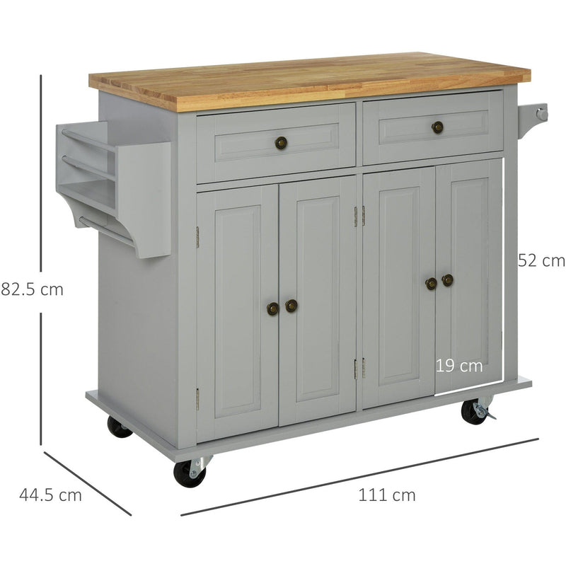 Kitchen Island on Wheels, Rubber Wood Top, Storage, Grey