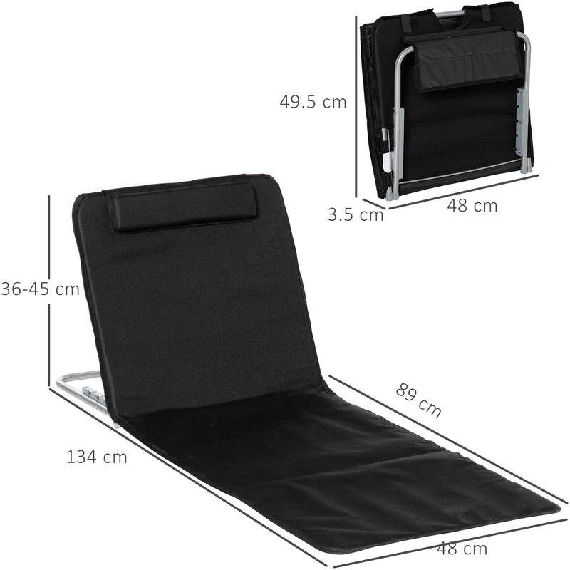 Outsunny Set of 2 Foldable Garden Beach Chair Mat Lightweight Outdoor Sun Lounger Seats Adjustable Back Metal Frame PE Fabric Head Pillow, Black Outsunny