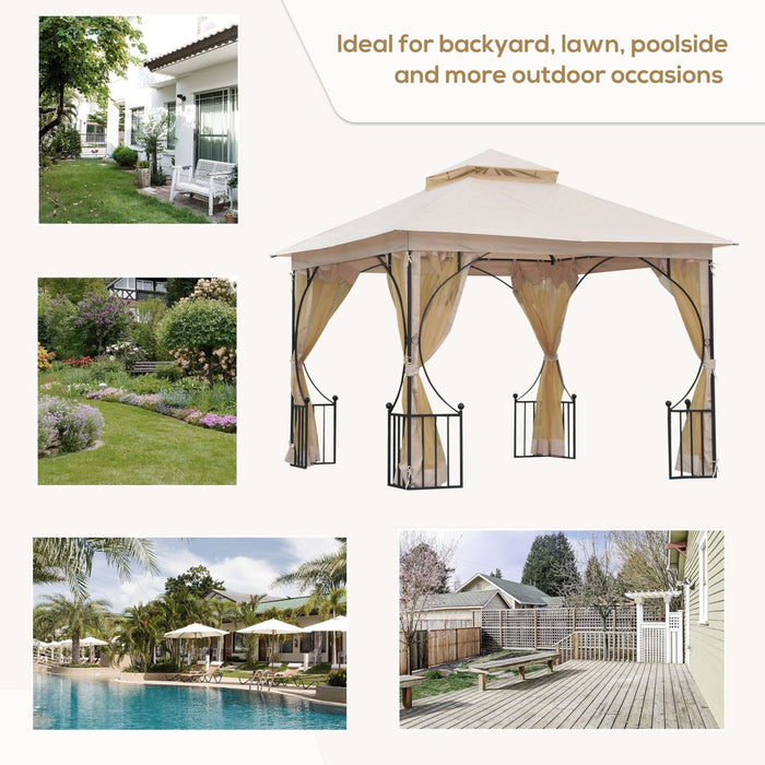 Metal Frame Gazebo With Privacy Curtains, Double Tier, 3x3m