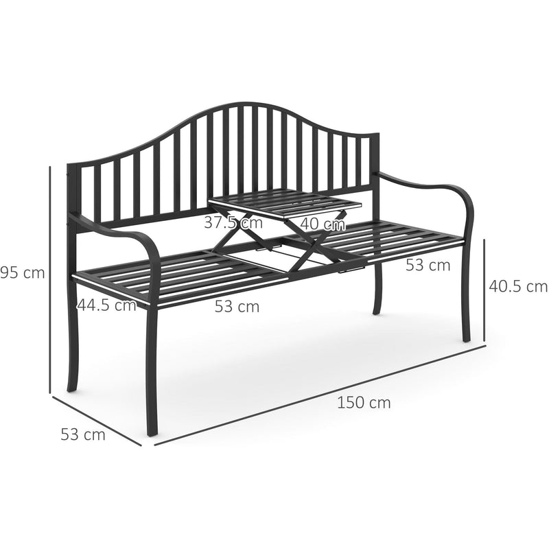 Outsunny Outdoor Metal Frame Bench Patio Park Garden Seating Chair with Foldable Middle Table Outsunny