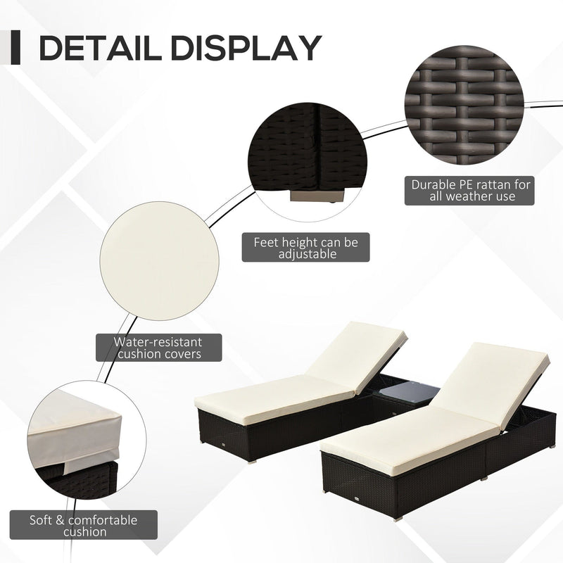 3PC Rattan Sun Lounger Sets, Side Table, Dark Coffee