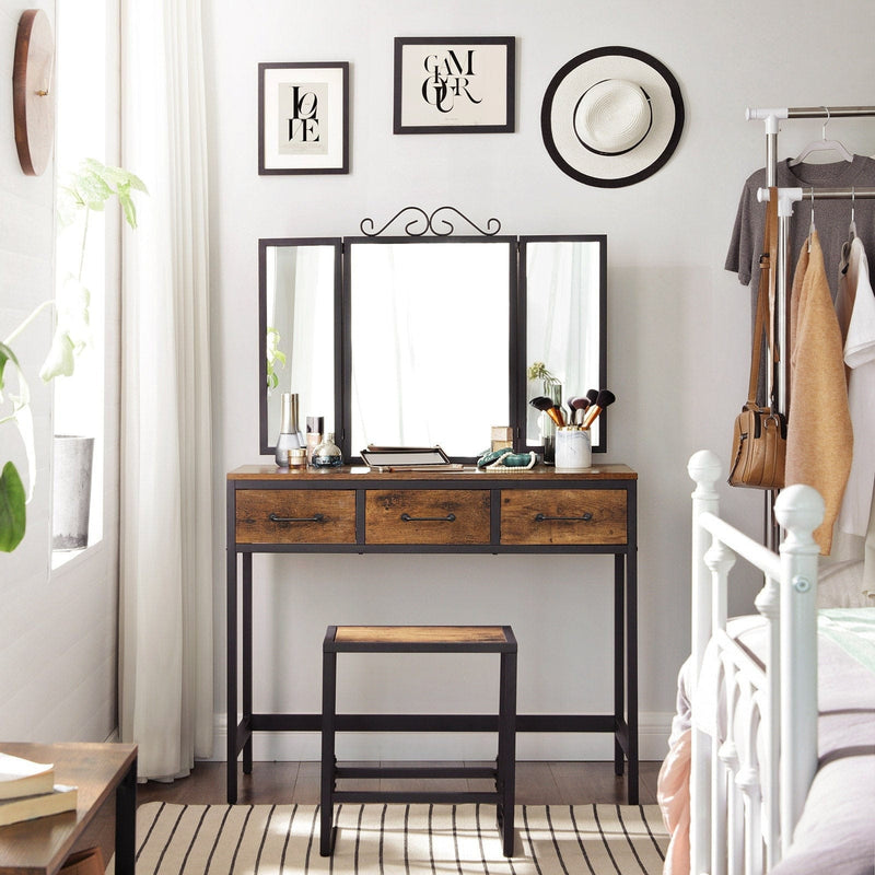 Rustic Industrial Dressing Table With Tri-Fold Mirror and Stool by Vasagle