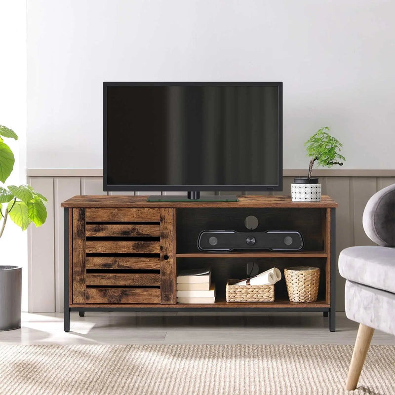 Vasagle Industrial TV Stand for 50 Inch TVs - features two open shelves and a storage cupboard on the left handside