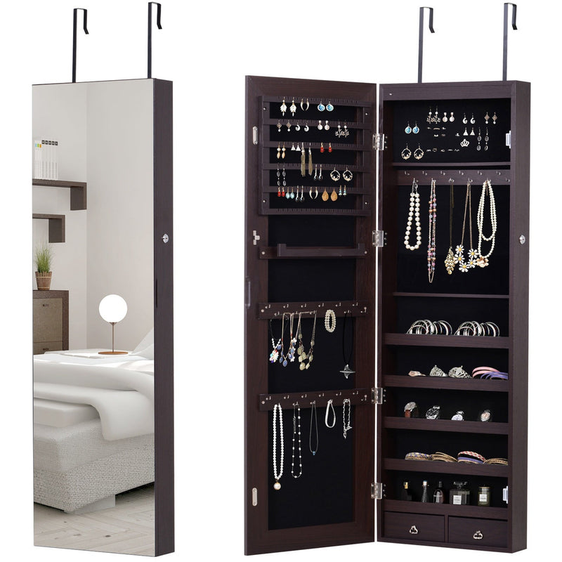 Mirrored Jewelry Cabinet, Door/Wall Mount, LED Lights, Lockable
