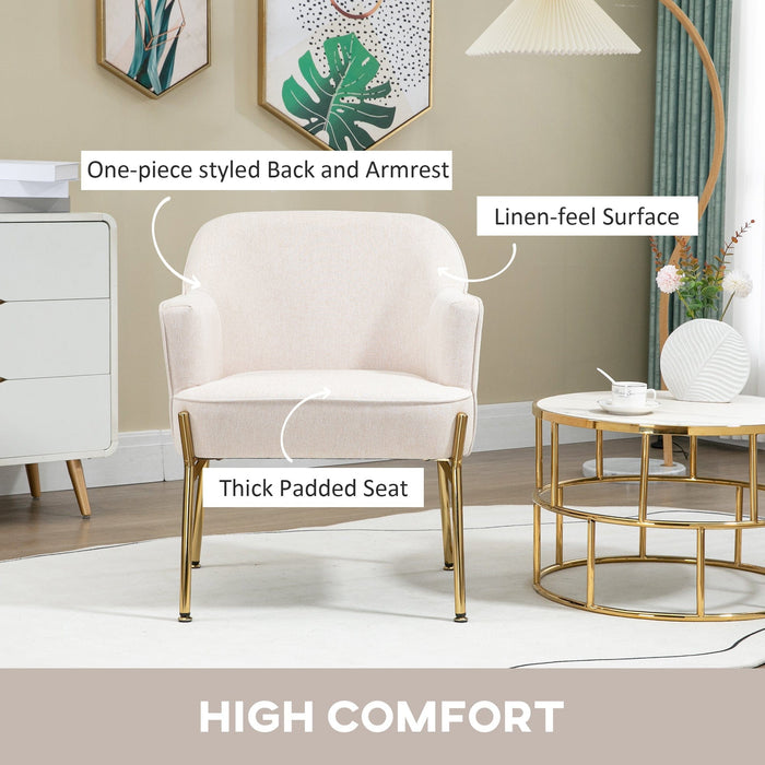 White Fabric Armchair with Gold Metal Legs
