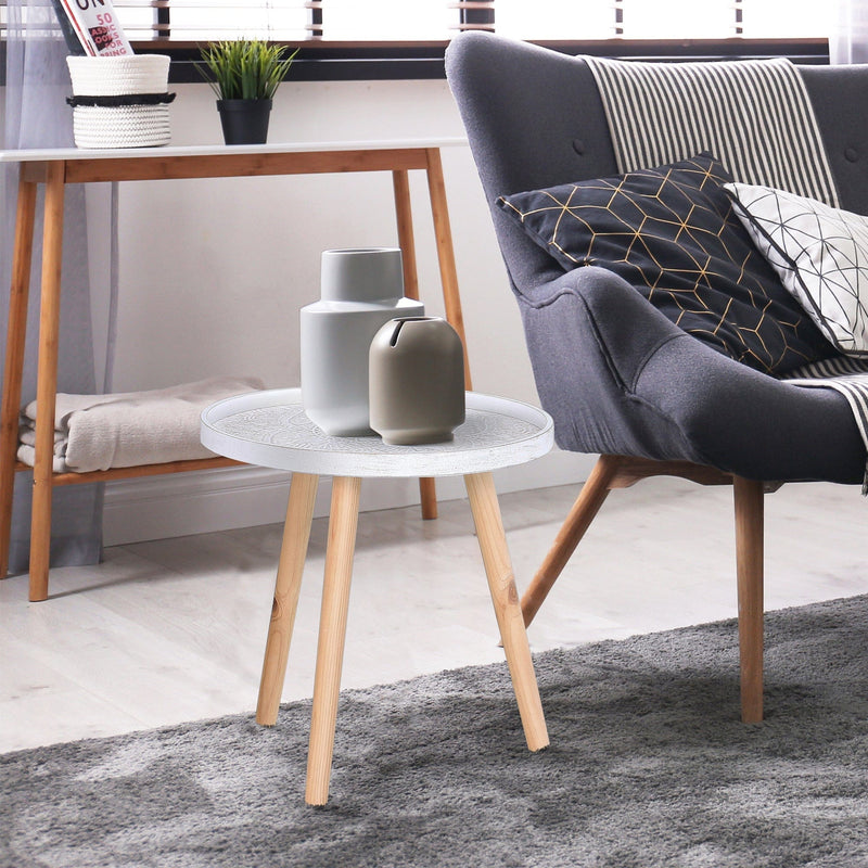 Flower Etched Side Table with Saucer Top, Wood Legs, White