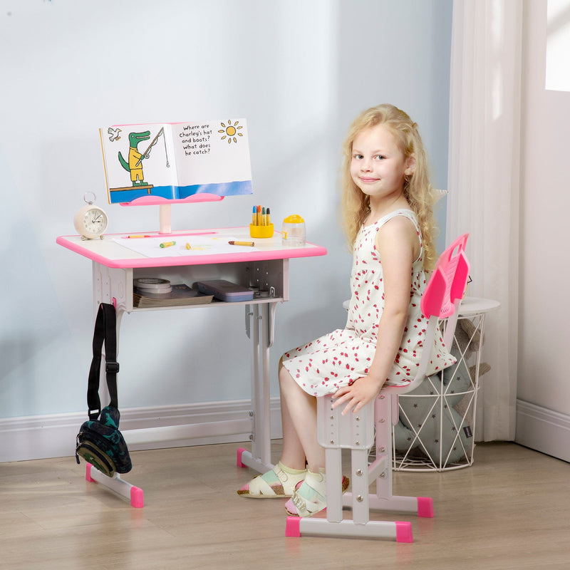 Kids Desk & Chair Set with Storage & Book Stand, Pink