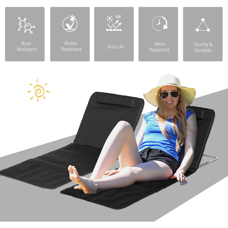 Outsunny Set of 2 Foldable Garden Beach Chair Mat Lightweight Outdoor Sun Lounger Seats Adjustable Back Metal Frame PE Fabric Head Pillow, Black Outsunny
