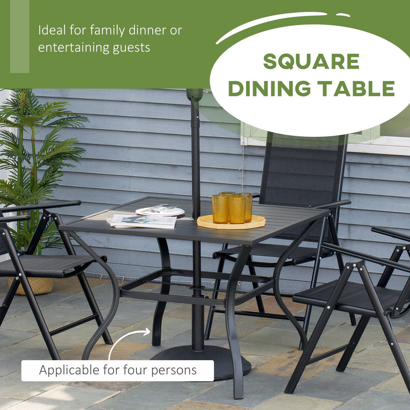 4 Person Square Garden Table For Outdoor Dining - Slatted Metal Plate Top With Parasol Hole - Black Outsunny