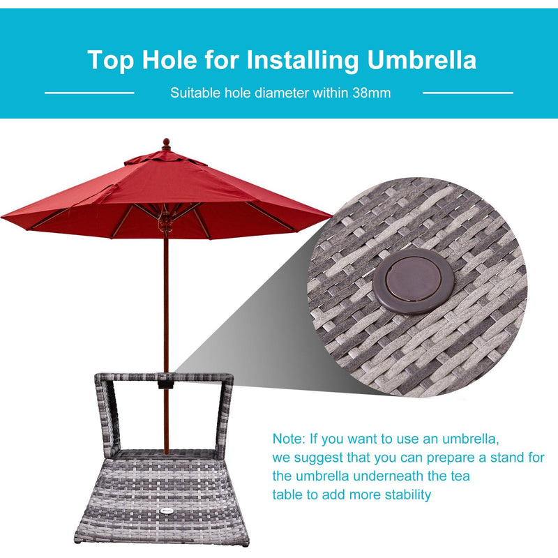 Outsunny Outdoor Patio Rattan Wicker Coffee Table Bistro Side Table w/ Umbrella Hole and Storage Space, Grey Outsunny