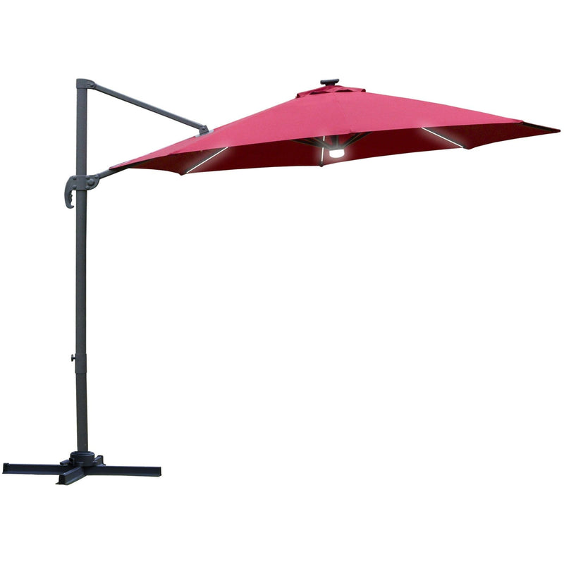 Image of a red cantilever parasol with solar lights