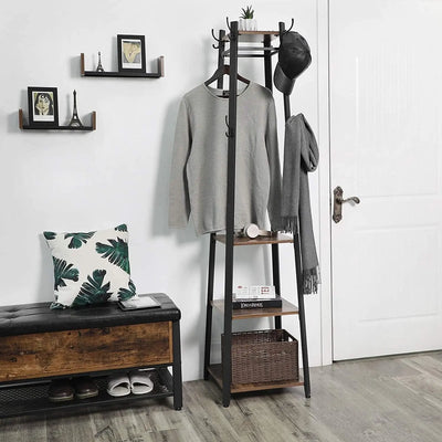 Industrial Hallway Coat Stand With Shelves by Vasagle - black steel frame with rustic brown wooden shelves