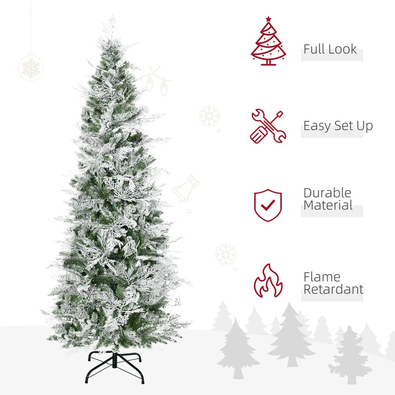 6ft Snow Flocked Artificial Pencil Christmas Tree with Realistic Cypress Branches - Green, Auto Open AOSOM