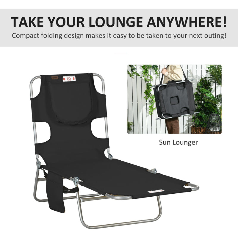 Outsunny Foldable Sun Lounger, Beach Chaise Lounge with Reading Hole, Arm Slots, 5-Position Adjustable Backrest, Side Pocket, Pillow for Patio Black Outsunny