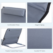 Outsunny Set of 2 Foldable Garden Beach Chair Mat Lightweight Outdoor Sun Lounger Seats Adjustable Back Metal Frame PE Fabric Head Pillow, Grey Outsunny