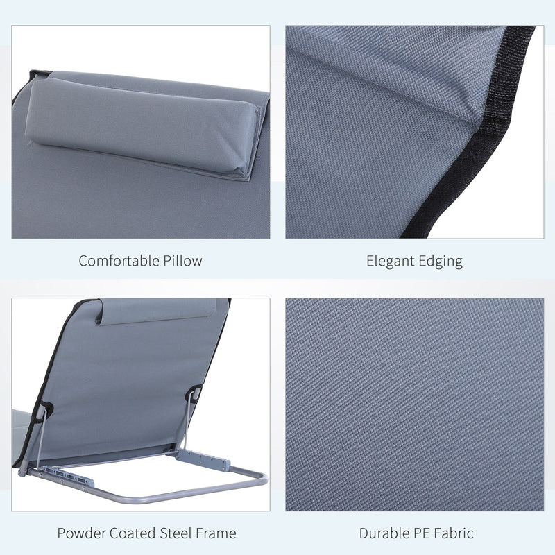 Outsunny Set of 2 Foldable Garden Beach Chair Mat Lightweight Outdoor Sun Lounger Seats Adjustable Back Metal Frame PE Fabric Head Pillow, Grey Outsunny