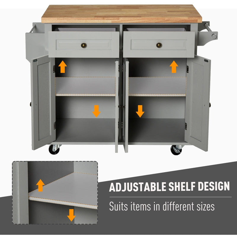 Kitchen Island on Wheels, Rubber Wood Top, Storage, Grey