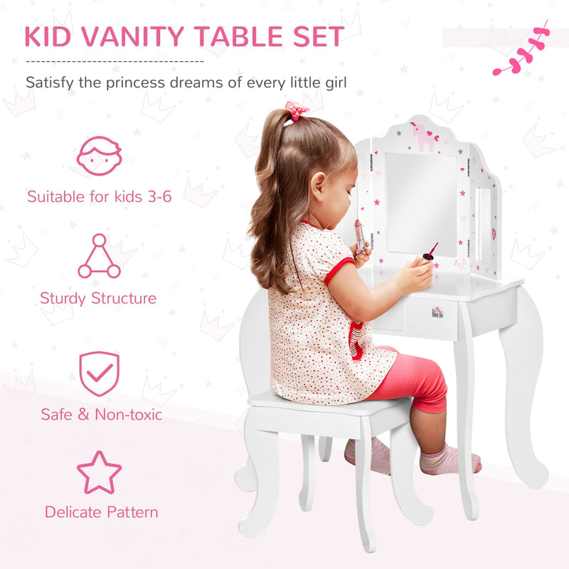 Kids Dressing Table and Stool Set with Mirror, White