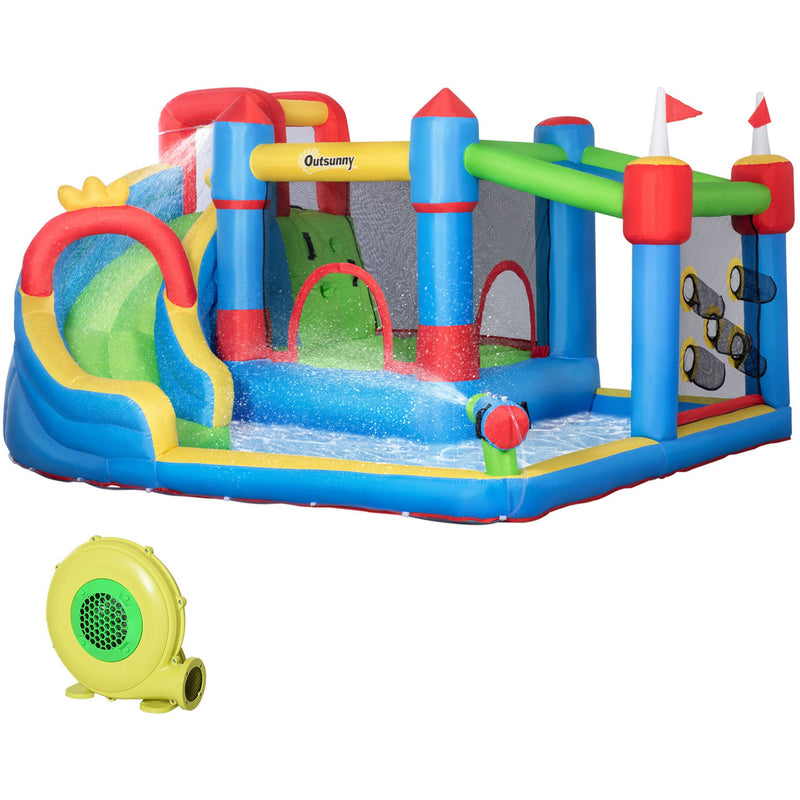 Outsunny 5 in 1 Kids Bounce Castle Large Castle Style Inflatable House Slide Trampoline Pool Water Gun Climbing Wall for Kids Age 3-8 Outsunny