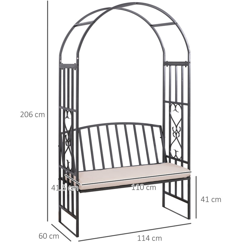 Metal Arch Garden Bench with Cushion, 114x60x206cm, Black Outsunny