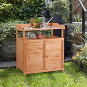 Potting Bench With Cupboard, Galvanized Top - 98x47x105 cm Outsunny