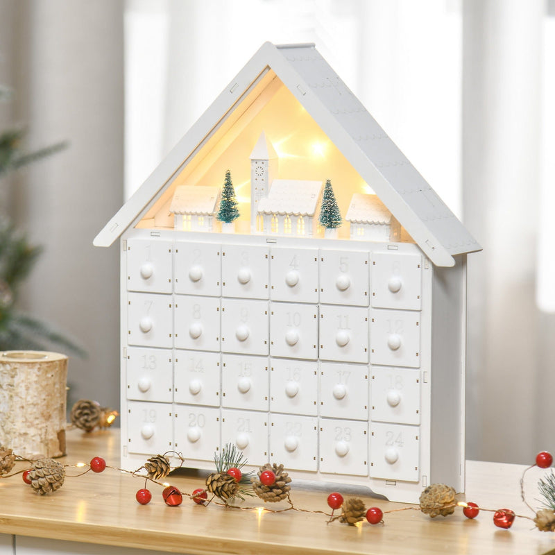 Christmas Advent Calendar, Light Up Table Xmas Wooden House Holiday Decoration with Countdown Drawer, Village, for kids Adults, White