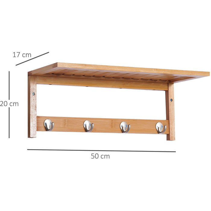 Wall Mounted Coat Rack with Rail and Shelf, 4 Hooks, Bamboo