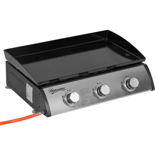 Outsunny Gas Plancha Grill with 3 Stainless Steel Burner, 9kW, Portable Tabletop Gas BBQ w/Non-Stick Griddle for Camping Picnic Garden Party Festival Outsunny