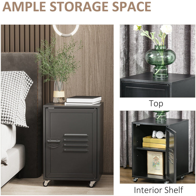 Black Locker Style Bedside Cabinet With Wheels