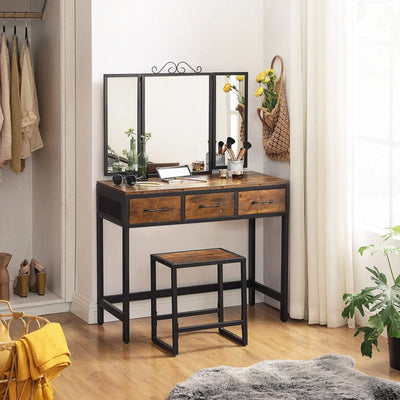 Rustic Industrial Dressing Table With Tri-Fold Mirror and Stool by Vasagle