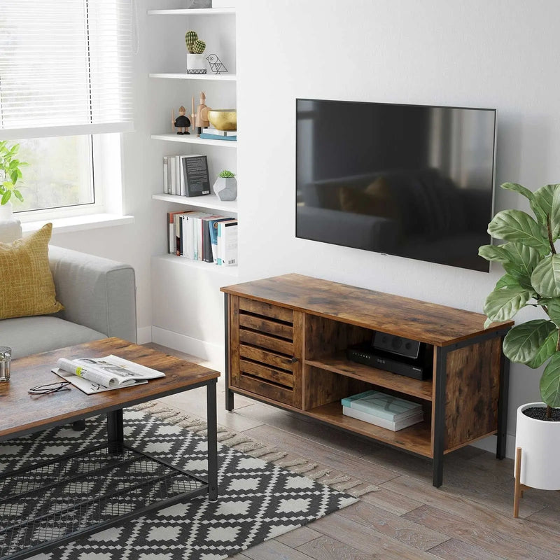 Vasagle Industrial TV Stand for 50 Inch TVs - features two open shelves and a storage cupboard on the left handside