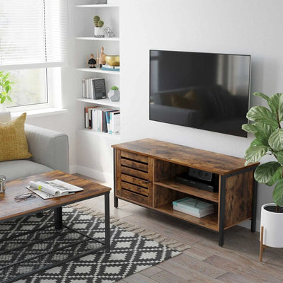 Vasagle Industrial TV Stand for 50 Inch TVs - features two open shelves and a storage cupboard on the left handside