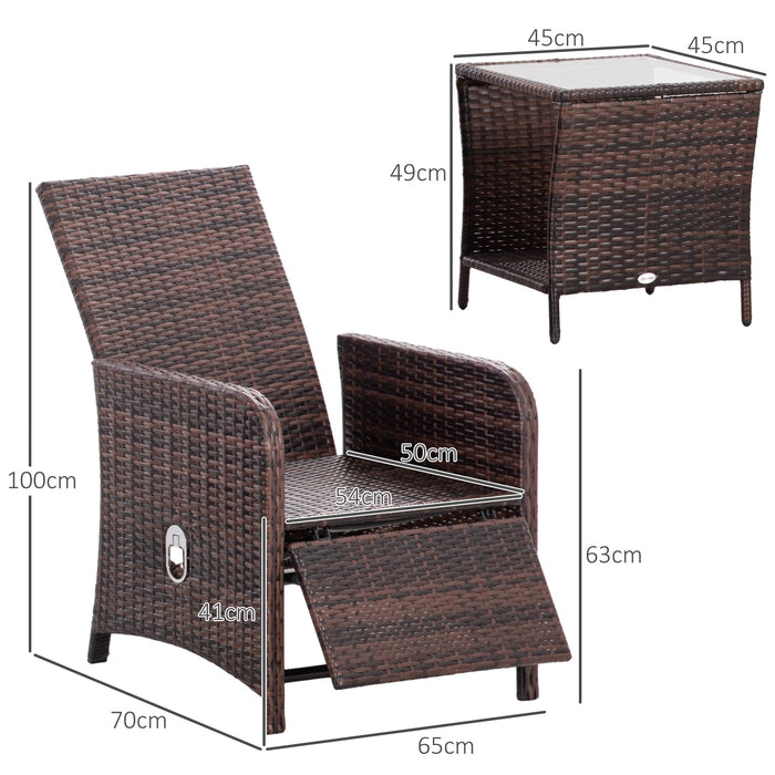 3 Piece Patio Bistro Set With Reclining Armchairs, Brown