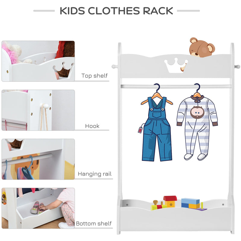 Kids White Wooden Clothes Rack with Storage for Ages 3-8