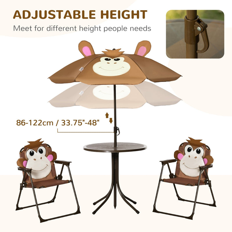 Outsunny Kids Picnic & Table Chair set, Outdoor Folding Garden Furniture w/ Monkey Design, Removable, Adjustable Sun Umbrella, Ages 3-6 Years - Brown Outsunny