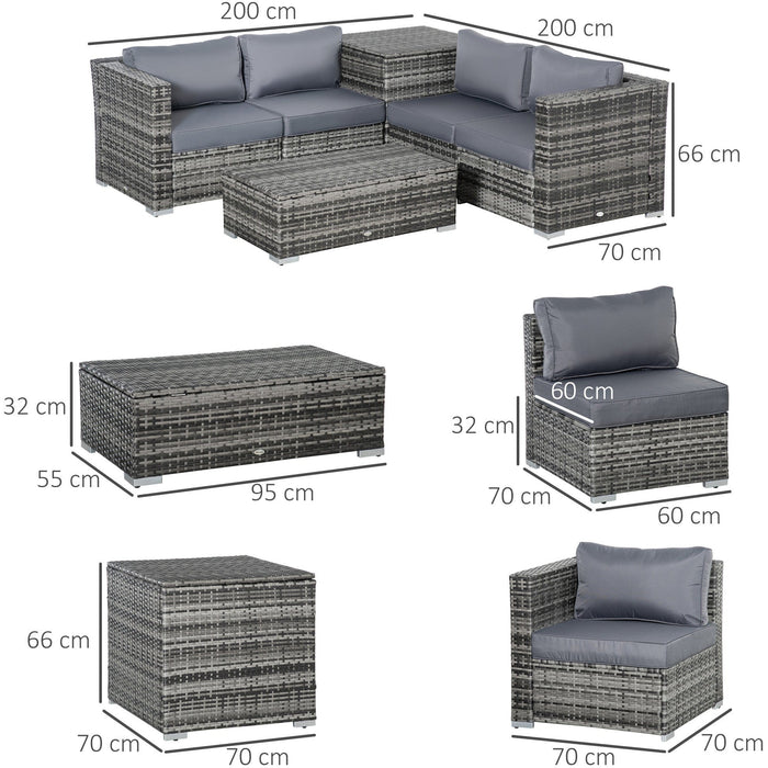 6Pc Grey Rattan Corner Sofa Set with Storage Coffee Table