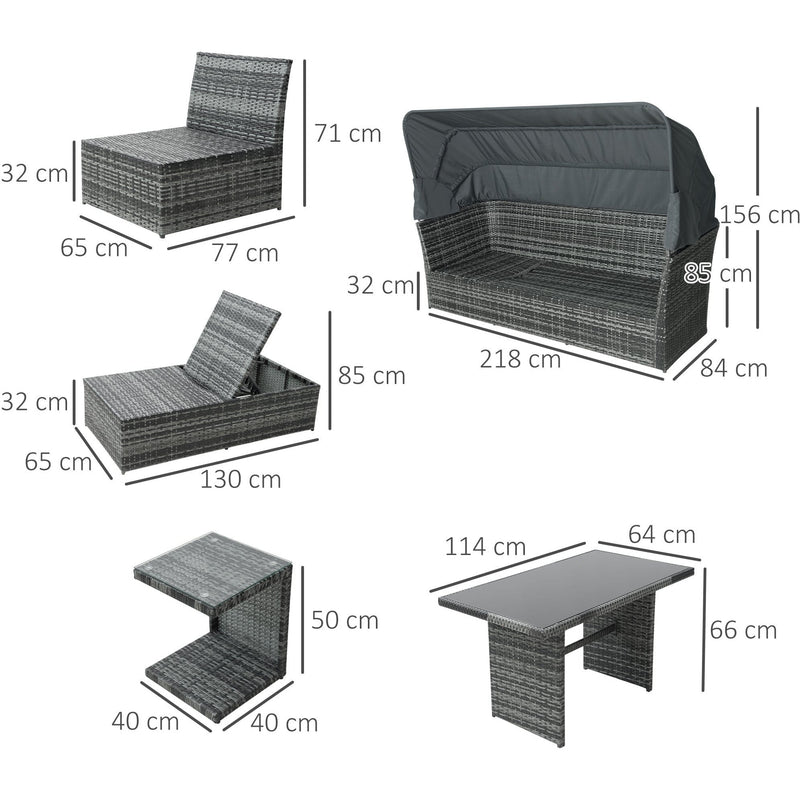 5 Seater Rattan Garden Sofa Set With Canopy, Grey