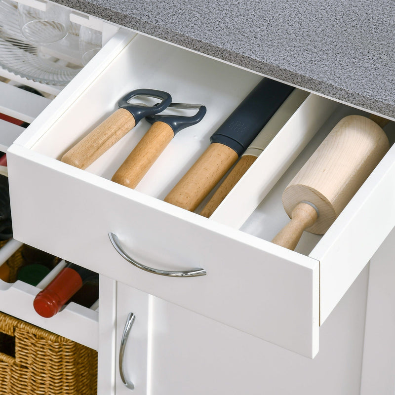 White Kitchen Trolley, Wine Rack, Drawer, Cabinet, Wheels