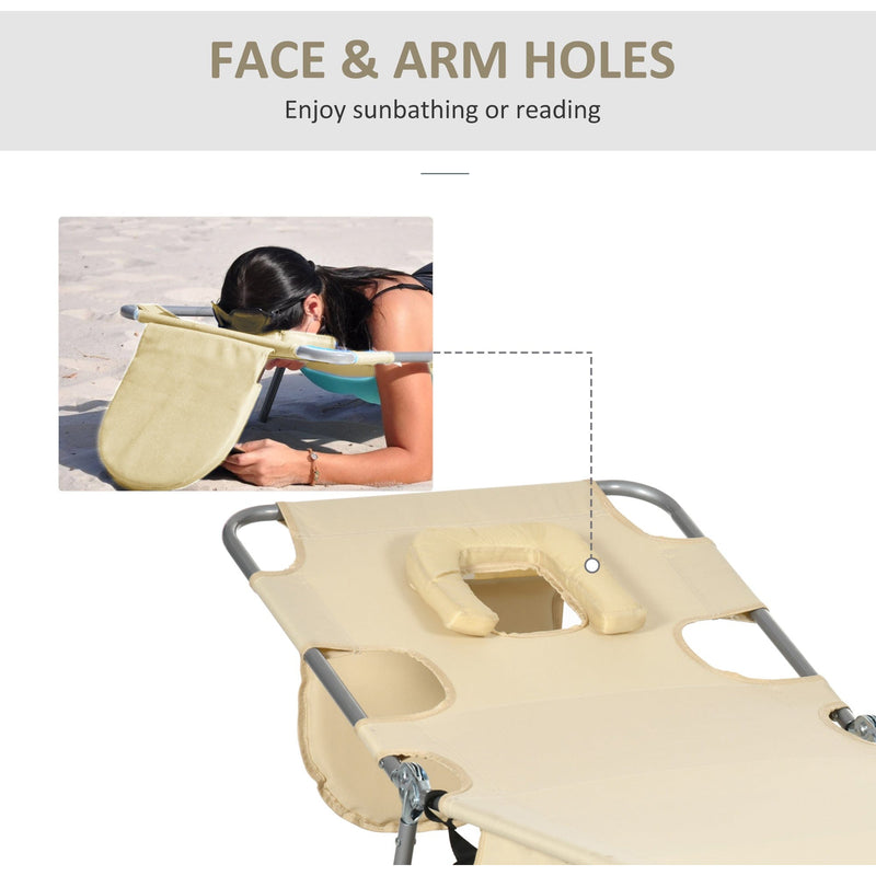 Outsunny Foldable Sun Lounger, Beach Chaise Lounge with Reading Hole, Arm Slots, 5-Position Adjustable Backrest, Side Pocket, Pillow for Patio, Beige Outsunny