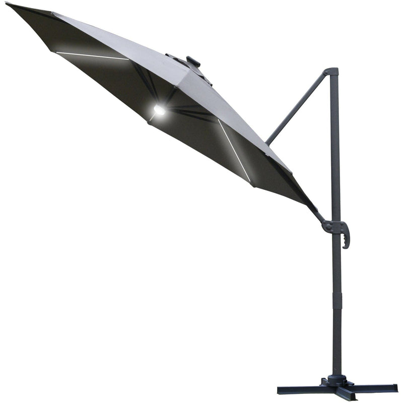 Image of a grey cantilever parasol with solar lights
